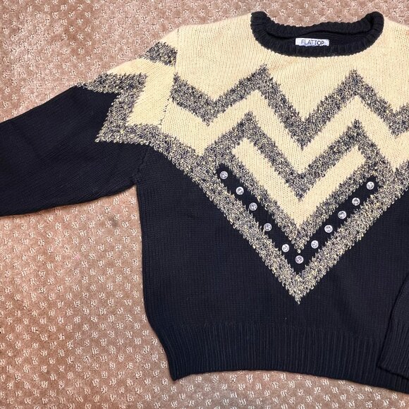VTG FlatTop Y2K 80s Rhinestone Sweater XS Sixteen Candles 90s Black Angora Blend - Picture 2 of 9